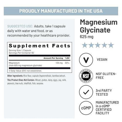 NatureWise Magnesium Glycinate 625 mg - High Absorption Chelated Magnesium Glycinate for Sleep, Relaxation, Muscle & Bones* - Gentle on Stomach, Vegan, Non-GMO - 90 Capsules [90-Day Supply]