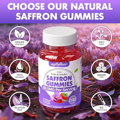 softbear Saffron Gummies for Kids & Adults, 10-in-1 Organic Saffron Supplements with 88.5mg Saffron Extract Support Calm Mind & Focus & Zzz, Sugar Free/Non-GMO, Strawberry Flavor 60 Count