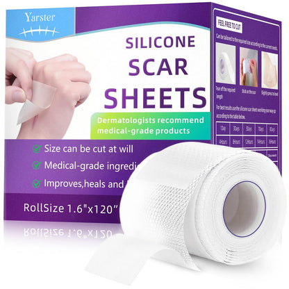 Yarster Medical Grade 100% Silicone Scar Sheets, Silicone Scar Tape (1.6" x 120" Roll - 3M), Scar Tape for Surgical Scars, Burn, C-Section, Keloid Scars, Acne Treatment - Reusable