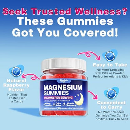 90 Count | Magnesium Gummies for Women & Men, Support Calm, Restful Sleep & Muscle Health, Sugar Free, Vegan, Non-GMO, Raspberry Flavor