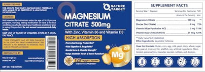 NATURE TARGET Magnesium Citrate 500mg with Zinc & Vitamin D for Muscle, Nerve, Bone & Heart Health, High Absorption Magnesium Supplement, Easy to Swallow Magnesium Capsule for Women & Men, 120 VegCaps