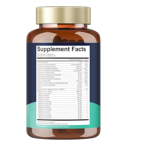 25-in-1 Magnesium Complex with Methylated B Complex Magnesium Glycinate Citrate Malate Taurate Gluconate Aspartate Carbonate D3 K2, Magnesium Supplement for Relaxation Energy & Nerve, 120 Vegan Caps - görsel 6