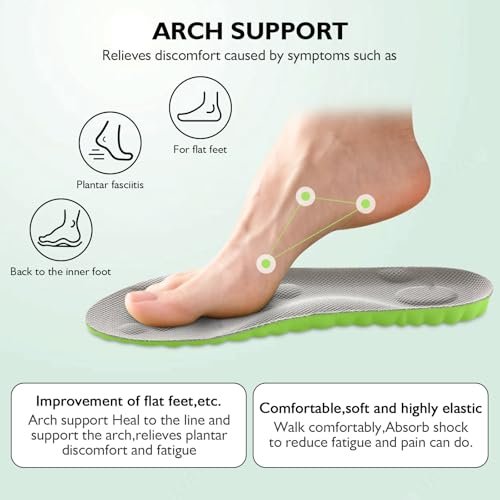 Pickleball Insoles, 4D Memory Foam Arch Support Inserts, Shock Absorbing, Anti-Slip Massage Support, Breathable Comfort for Walking & Sports (Green, Men 9.5-10.5/Women 10.5-11.5) - görsel 6