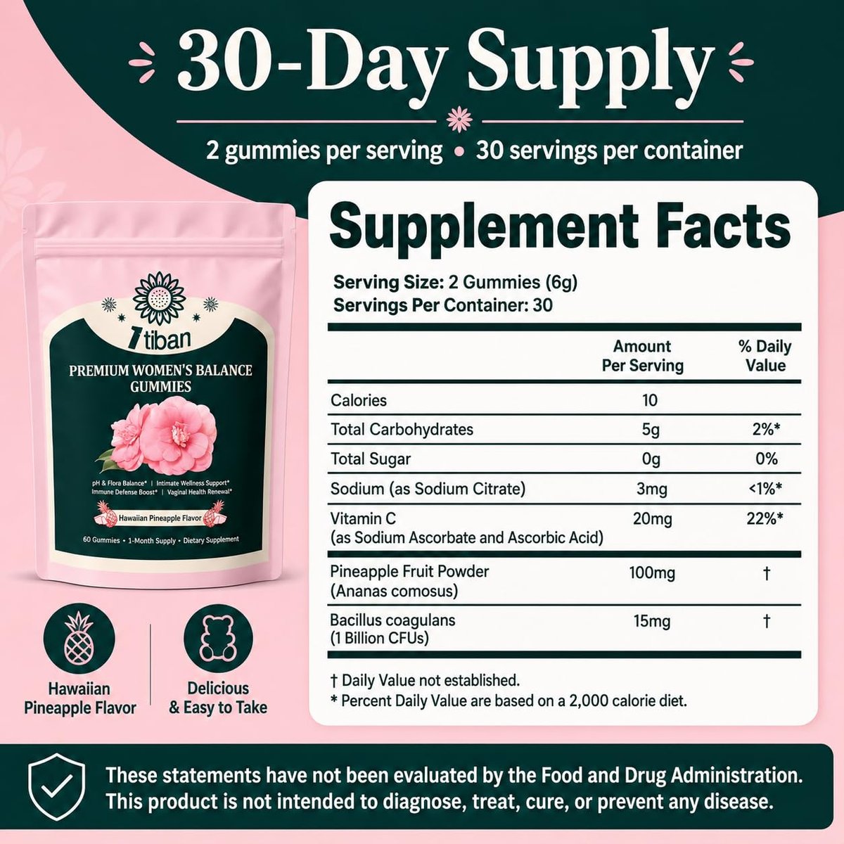 Itiban Pineapple Gummies for Women pH Balance, Feminine Probiotics for Vaginal Health, Nutrition Feminine Gummies, Immune Support, Vegan, Gluten-Free, Hawaiian Pineapple 60 Gummies 30 Servings - görsel 12