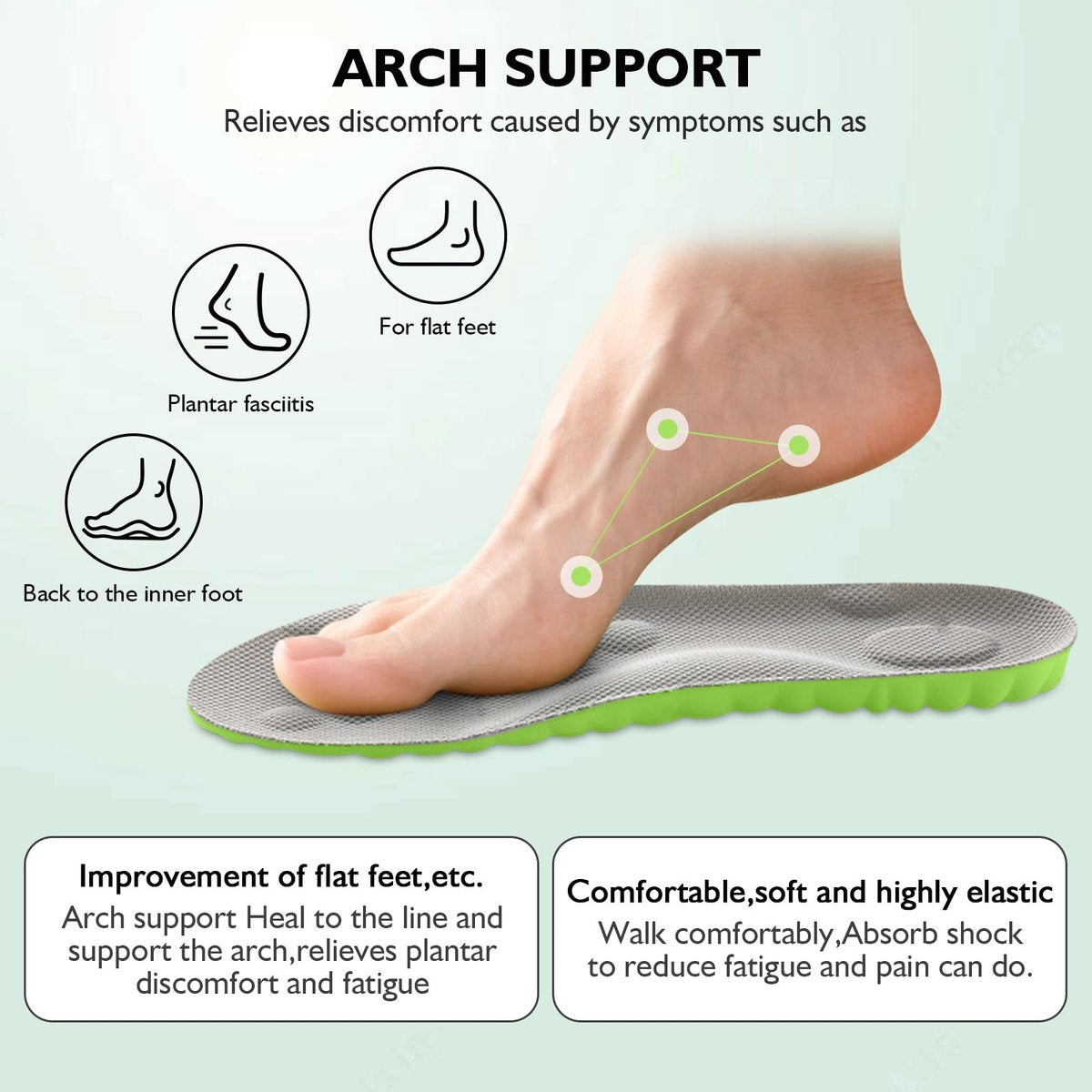 Pickleball Insoles, 4D Memory Foam Arch Support Inserts, Shock Absorbing, Anti-Slip Massage Support, Breathable Comfort for Walking & Sports (Green, Men 9.5-10.5/Women 10.5-11.5) - görsel 2