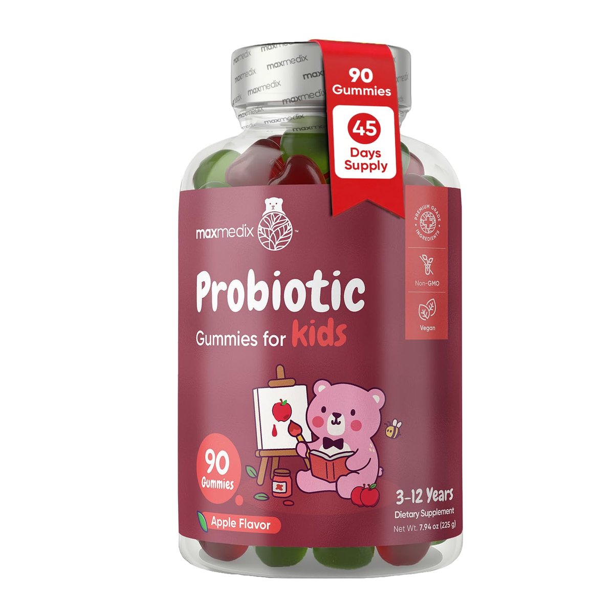 maxmedix Kids Probiotics Gummies | Prebiotic + Probiotics for Kids - 1 Billion CFU & Inulin (45-Day Supply) | 90 Children Synbiotic Gummies | Natural Apple Flavor | Vegan, Non-GMO - görsel 1