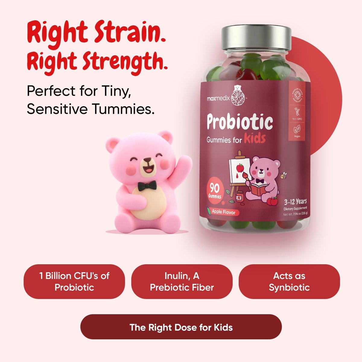 maxmedix Kids Probiotics Gummies | Prebiotic + Probiotics for Kids - 1 Billion CFU & Inulin (45-Day Supply) | 90 Children Synbiotic Gummies | Natural Apple Flavor | Vegan, Non-GMO - görsel 3