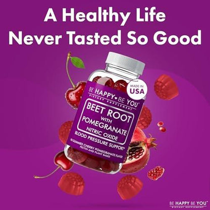 Be Happy Be You Beetroot with Pomegranate Gummies – Nitric Oxide Booster & Blood Pressure Support – Cherry Pomegranate Flavor – Vegan, Gelatin-Free, Pectin-Based – 90 Ct