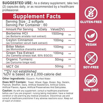 Berberine with Ceylon Cinnamon - Berberine Supplement 1500mg with Bitter Melon Turmeric for Metabolism, Immune & Digestive Health - High Absorption Extra Strength Berberine Softgels - Vegan, Non-GMO