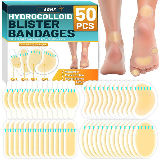 Arme Hydrocolloid Bandages, 50Pcs Gel Blister Bandages for Feet, Waterproof Blister Pads Blister Cushions for Prevention & Recovery, Blister Bandaids for Heel Foot Toe Protection (4 Shape Variety Pack)