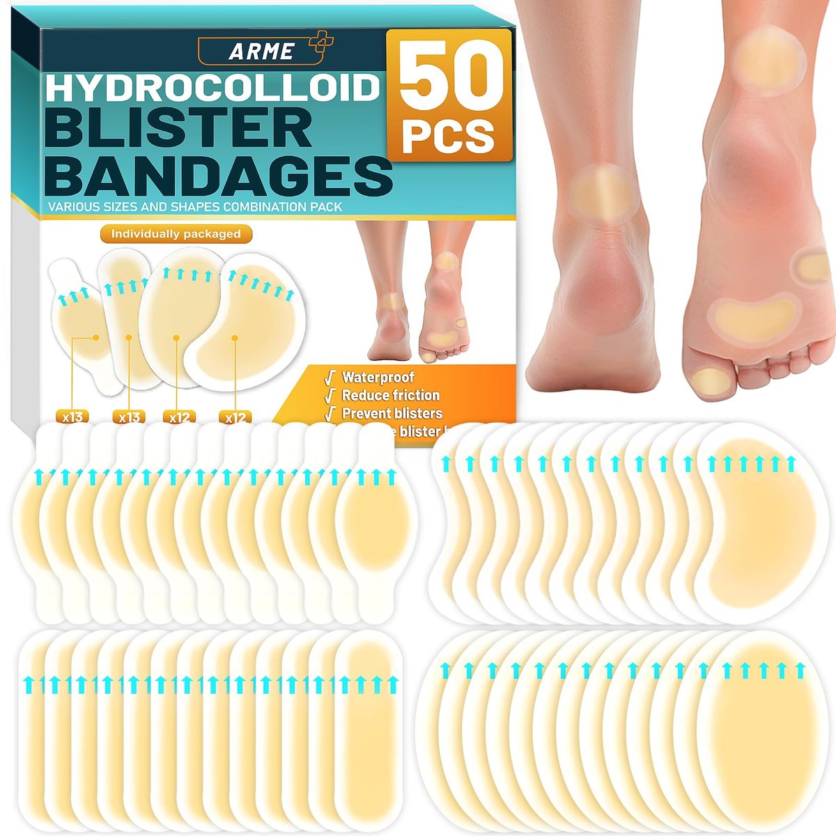 Arme Hydrocolloid Bandages, 50Pcs Gel Blister Bandages for Feet, Waterproof Blister Pads Blister Cushions for Prevention & Recovery, Blister Bandaids for Heel Foot Toe Protection (4 Shape Variety Pack) - görsel 5