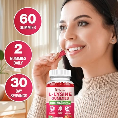 Yikecao L-Lysine 1000mg Gummies, Chewable Lysine Supplement for Lips & Skin, Immune Support, Essential Amino Acid, Non-GMO, Vegan, Gluten Free, Sugar-Free, Strawberry Flavor, 60 Count - görsel 3