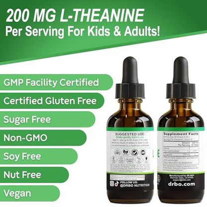 L Theanine 200mg Liquid Drops - Natural Sleep Support & Focus Supplement for Kids & Adults - Vegan, Non-GMO, Gluten Free 200mg Pure L-Theanine Drops Liquid Supplements, Mood Ltheanine for Kids 2 FL Oz