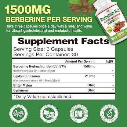 CHANUBITO Berberine Supplement 1500mg - Premium Berberine HCl 97% Purity Berberine Plus Pure Ceylon Cinnamon, High Potency Berberine for Men Women, Non-GMO Vegan