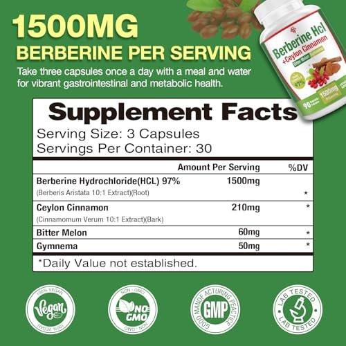 CHANUBITO Berberine Supplement 1500mg - Premium Berberine HCl 97% Purity Berberine Plus Pure Ceylon Cinnamon, High Potency Berberine for Men Women, Non-GMO Vegan - görsel 9