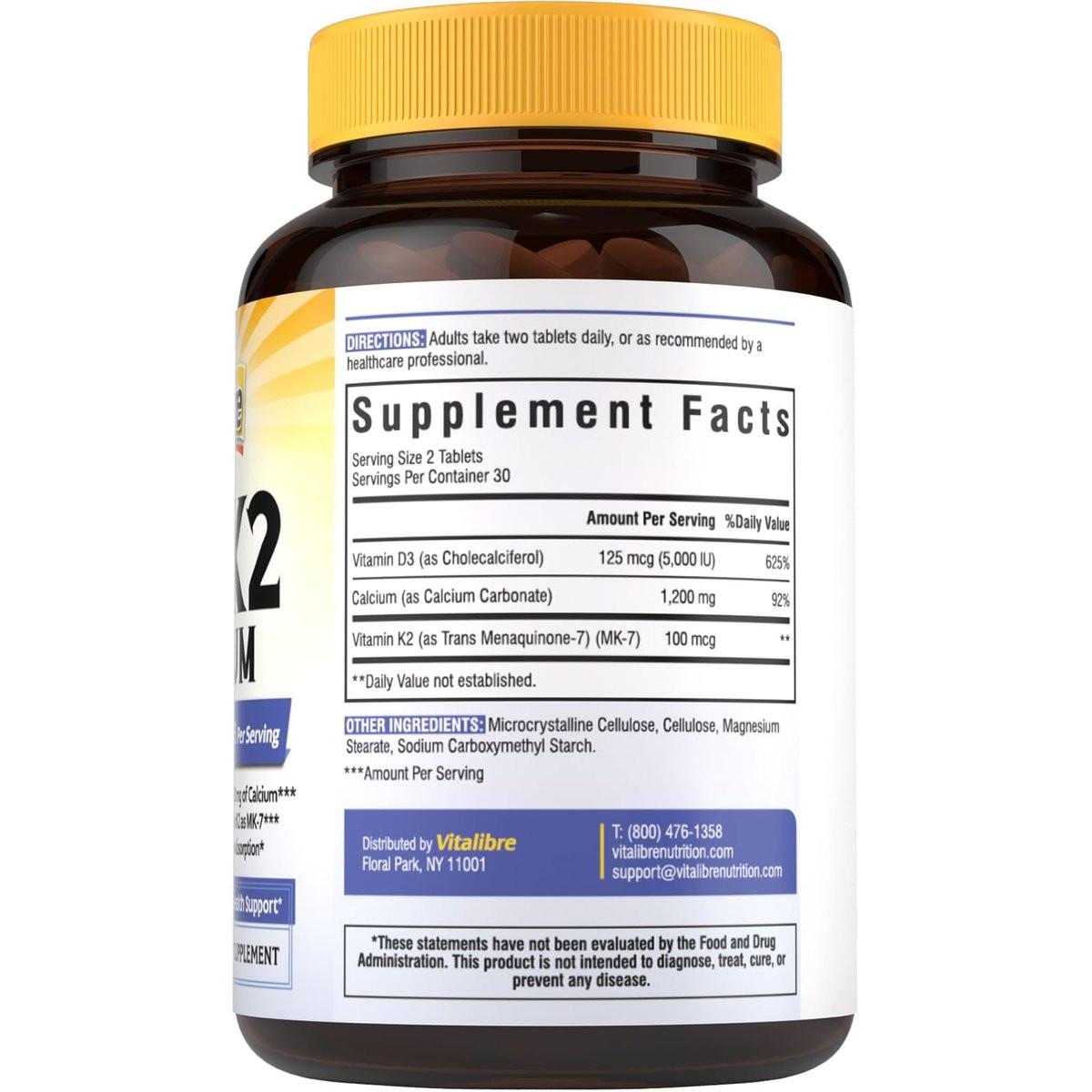 Vitalibre D3 K2 Calcium Supplement for Women & Men, Vitamin D3 5000 IU, Calcium 1200 mg, MK-7, High Absorption, for Strong Bones, Teeth, Heart, Immune Health, 60 Tablets - görsel 17