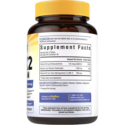 Vitalibre D3 K2 Calcium Supplement for Women & Men, Vitamin D3 5000 IU, Calcium 1200 mg, MK-7, High Absorption, for Strong Bones, Teeth, Heart, Immune Health, 60 Tablets