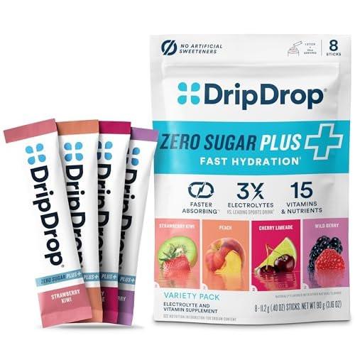 DripDrop Zero Sugar Plus - Sugar Free Hydration Packets - Single Serve Electrolytes Powder Drink Mix - Strawberry Kiwi, Peach, Cherry Limeade, Wild Berry - Non-GMO, Vegan - 8 Sticks - görsel 15