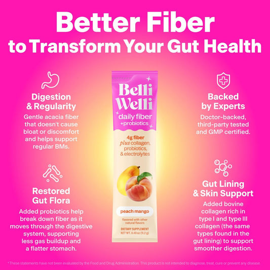 Belli Welli Fiber Supplement, Probiotics Fiber Powder Travel Pack for Women with Collagen & Electrolytes for Daily Gut Health & Debloating, Peach Mango, 10 Packets