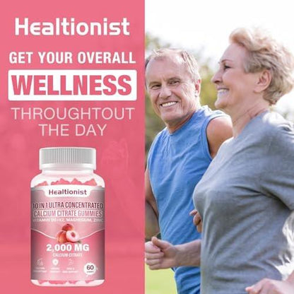 Healtionist 1 Pack 2000mg Calcium Citrate with Vitamin D3 K2 Supplements Gummies for Women & Men, Magnesium, Zinc, High Absorption, Bone, Muscle & Immune Support, 60 Counts Peach Flavor Gummies