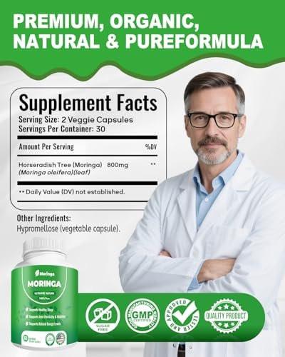 Moringa Capsules – 800mg Pure Moringa Powder Supplement – 60 Capsules for Natural Energy, Immune System, Skin & Gut Health Support, Green Antioxidant Superfood, Essential Vitamins & Amino Acids