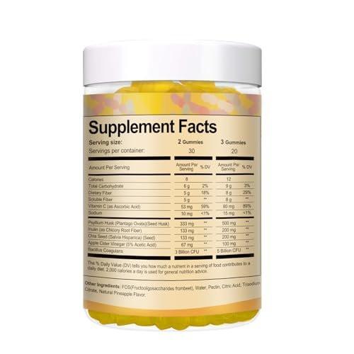 9-in-1 Probiotic Prebiotic Fiber Gummies for Adults & Teens, Fiber Supplement Pro with 5 Billion CFU Bacillus Coagulans, Psyllium Husk, FOS, Inulin, ACV for Digestion & Gut, 60 Vegan Pineapple Gummies - görsel 2