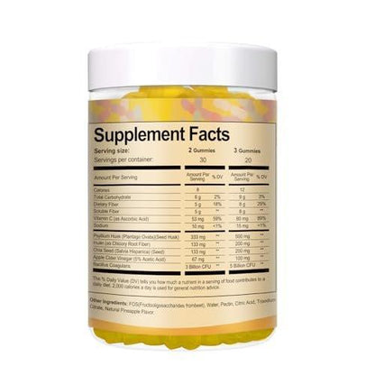 9-in-1 Probiotic Prebiotic Fiber Gummies for Adults & Teens, Fiber Supplement Pro with 5 Billion CFU Bacillus Coagulans, Psyllium Husk, FOS, Inulin, ACV for Digestion & Gut, 60 Vegan Pineapple Gummies