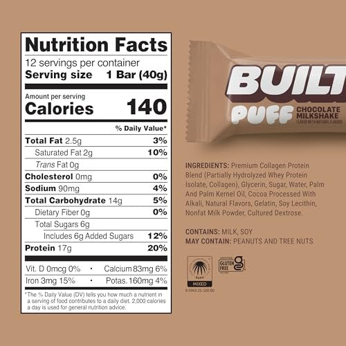 BUILT Bar Puff Protein Bars - Chocolate Milkshake - 17g Protein Snack Bars with Collagen - Calorie Conscious & Gluten Free - 12 Count - görsel 8