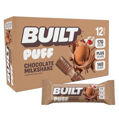 BUILT Bar Puff Protein Bars - Chocolate Milkshake - 17g Protein Snack Bars with Collagen - Calorie Conscious & Gluten Free - 12 Count