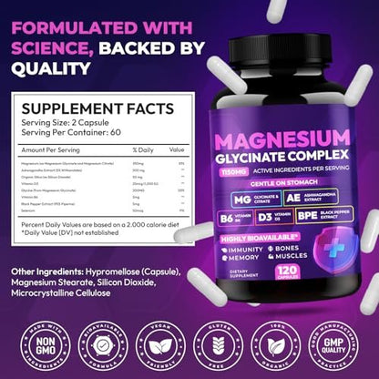 Magnesium Glycinate Complex 1150mg - Gentle on Stomach High Absorption Magnesium Capsules with Citrate, Silica, Ashwagandha & Vitamin B6 for Zzz, Stress Relief, Muscle Support for Adults, Women & Men