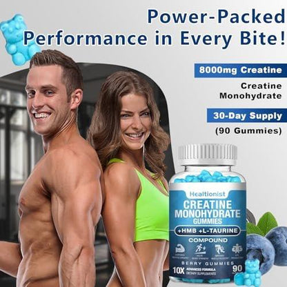 Healtionist 2 Pack 8000MG Creatine HMB Monohydrate Gummies for Men & Women, L-Carnitine, L-Taurine & Vitamin B6 12, 180 Blueberry Flavor Counts Supplement Gummies (60-Day Supply)
