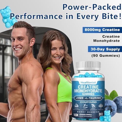 Healtionist 2 Pack 8000MG Creatine HMB Monohydrate Gummies for Men & Women, L-Carnitine, L-Taurine & Vitamin B6 12, 180 Blueberry Flavor Counts Supplement Gummies (60-Day Supply) - görsel 1