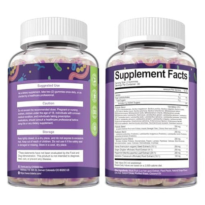 Sugar Free 5-in-1 Probiotic Prebiotic Postbiotic Gummy, 36 Strains Probiotics for Women Men with Digestive Enzymes, Peppermint, Complete Immune, Gut & Digestive Support, Vegan, 60 Ct, Grape Flavor