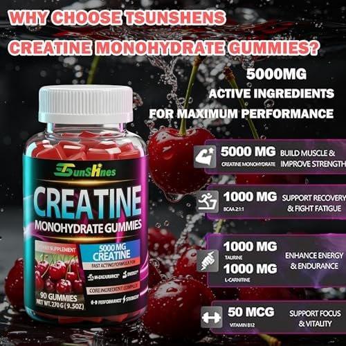 tsunshnes Creatine Monohydrate Gummies 5g (5000mg), Sugar-Free Creatine, Pre-Workout Energy, Veg, Non-GMO, for Men & Women - 90 Count Cherry Flavor - görsel 4