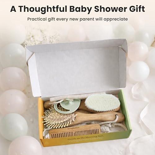 Baby Hair Brush & Comb Set for Newborns - Gentle Goat-Hair & Bamboo Bristle Hairbrushes with Easy Grip Wooden Handles - 5-Pack Baby Brush Set with a Cotton Travel Pouch - Gifts for Boys & Girls - görsel 8