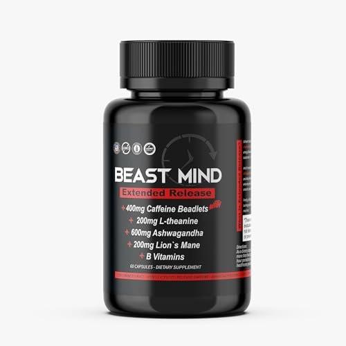 Beast Mind Extended Release Extreme Energy Pills | 400mg XR Caffeine | 600mg Ashwagandha | 200mg Lion's Mane, Increased Energy & Focus, Natural Nootropic Labs - görsel 1