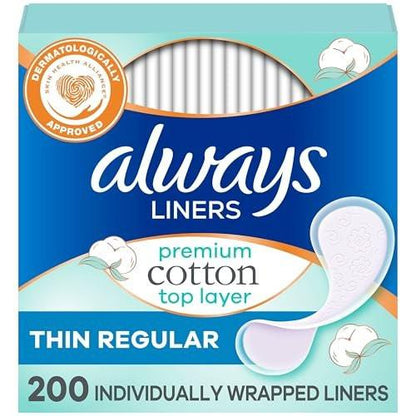 Always Panty Liners for Women Premium Cotton Liners 200 Count