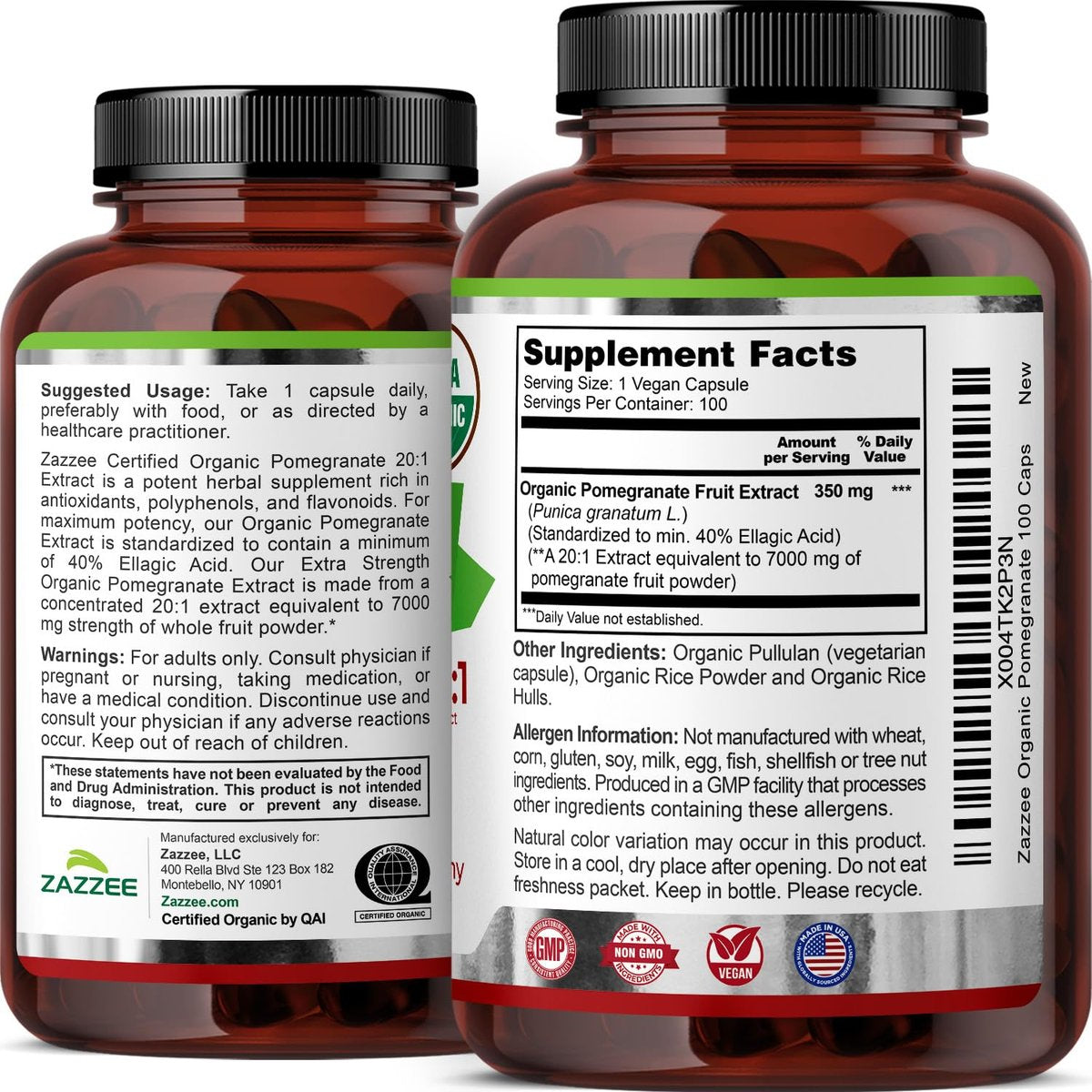 Zazzee USDA Organic Pomegranate 20:1 Extract, 40% Ellagic Acid, 100 Vegan Capsules, 3+ Month Supply, Punica Granatum, Antioxidant, Immune & Polyphenol Support, All-Natural, Non-GMO, Made in the USA - görsel 1