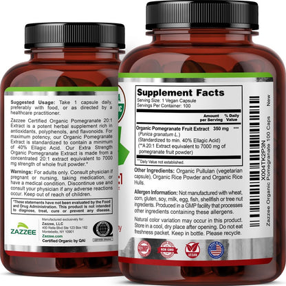 Zazzee USDA Organic Pomegranate 20:1 Extract, 40% Ellagic Acid, 100 Vegan Capsules, 3+ Month Supply, Punica Granatum, Antioxidant, Immune & Polyphenol Support, All-Natural, Non-GMO, Made in the USA