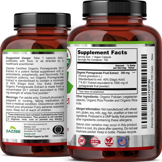Zazzee USDA Organic Pomegranate 20:1 Extract, 40% Ellagic Acid, 100 Vegan Capsules, 3+ Month Supply, Punica Granatum, Antioxidant, Immune & Polyphenol Support, All-Natural, Non-GMO, Made in the USA