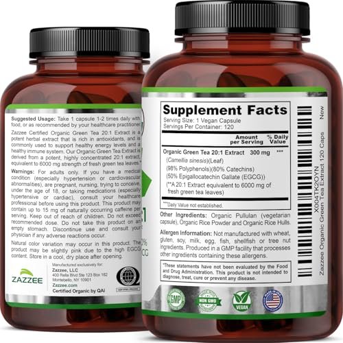 Zazzee USDA Organic Green Tea 20:1 Extract, 50% EGCG, 98% Polyphenols, 80% Catechins, 120 Vegan Capsules, 4 Month Supply, Antioxidant, Metabolism & Energy Support, Non-GMO, All-Natural, Made in USA - görsel 16