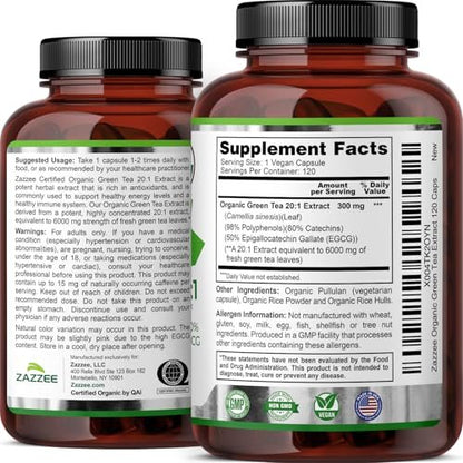 Zazzee USDA Organic Green Tea 20:1 Extract, 50% EGCG, 98% Polyphenols, 80% Catechins, 120 Vegan Capsules, 4 Month Supply, Antioxidant, Metabolism & Energy Support, Non-GMO, All-Natural, Made in USA