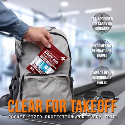 EVERLIT CARE Travel Bandage Pack | 12 Individual Packets, Bulk Portable Mini First Aid Kit with 20 On-the-Go Essentials | Compact Water-Resistant Reusable Pouch to Clean, Cover & Protect