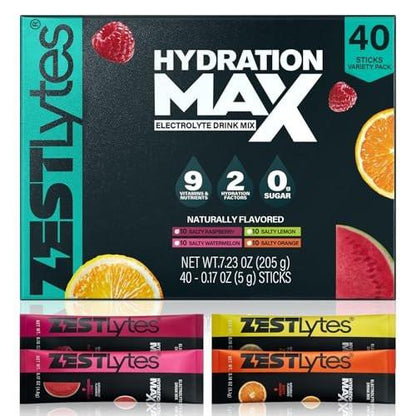 ZestLytes 40 Sticks Sport Hydration Sugar Free Electrolyte Packets, High Sodium Low Calorie Electrolyte Powder Drink Mix, Liquid Daily IV Flavors | Salty Watermelon Raspberry Lemon Orange