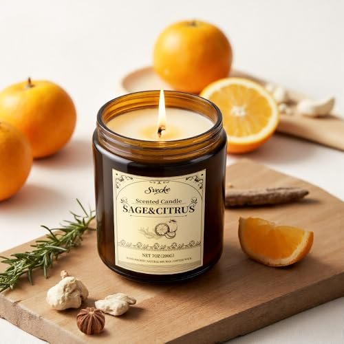 SVECKE Sage and Citrus Scented Candles, 7oz Soy Wax Candle, Long Lasting Aromatherapy Jar Candle for Home, Scented Long Burning Candle Gift for Women and Men - görsel 7