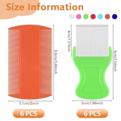 12 Pcs Lice Comb, Flea Comb Double Sided Plastic and Metal Nit Combs for Lice Fine Teeth for Dandruff Removal Lice Combs for Kids Adults Pets