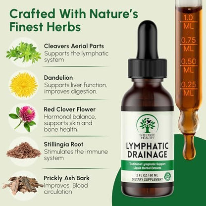 SHELTREE HEALTH Lymphatic Drainage Drops, 2 Fl. Oz | Organic Lymphatic Drainage Supplements with Cleavers, Red Clover Flower, Stillingia Root, Prickly Ash Bark, Dandelion | Vegan | Non-GMO