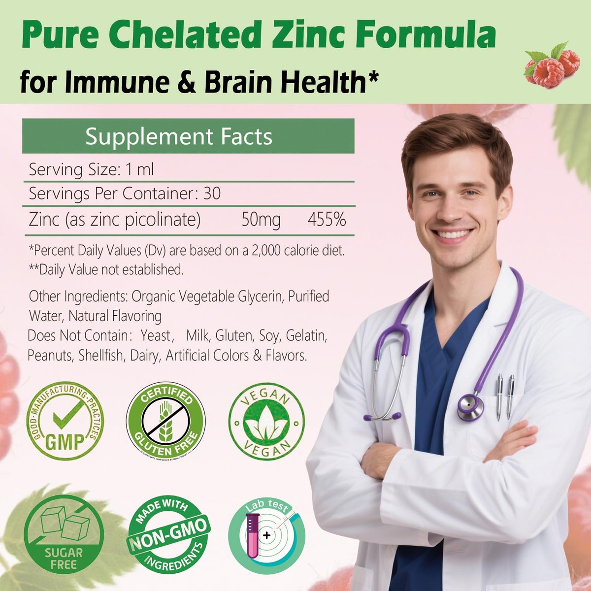 Zinc Picolinate 50mg Liquid Drops, Chelated Zinc Supplements for Men Women Kids Support Immune Skin Eye Health & Enzyme Function, Liquid Zinc Raspberry Flavor, Vegan Non GMO Gluten Free, 30 Servings - görsel 12