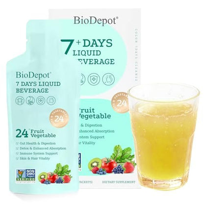 Biodepot 7 Days Colon Cleanse Liquid Beverage Gut Health Detox & Clean for Women & Men, 24 Fruit Vegetable Complex Probiotic Drink for Bowel Movements, Immune Support, Gut Flora Improvement Supplement