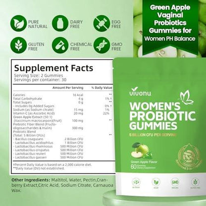 VivoNu Viginal Probiotic for Women, Women Probiotic Gummies, Feminine Balance Gummies, Green Apple Probiotics for Woman Vaginigal Health, Yeast Ph Balance